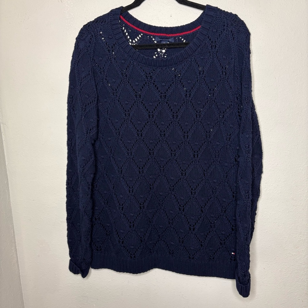 Tommy Hilfiger Women's Navy Open-Knit Crewneck Sweater Size XL